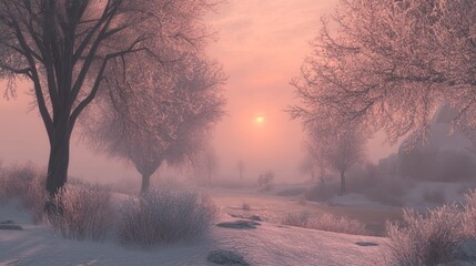 Winter Sunrise Landscape: Enchanting Frosty River and Trees