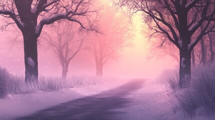 Winter Wonderland: A Serene Snowy Path at Sunset