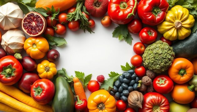 Vibrant frame of assorted fresh fruits & vegetables,  spring,  produce