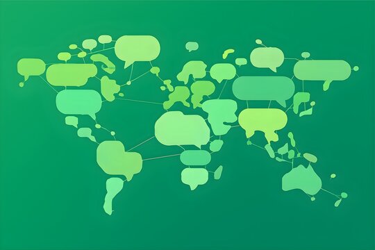 World map made from connected chat bubbles, international communication concept, green color palette, vector illustration