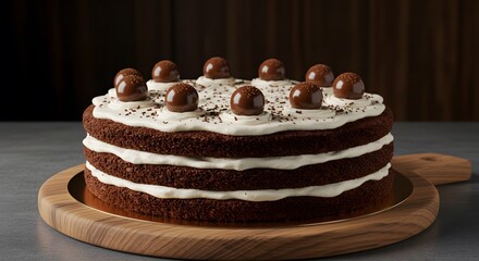 Layered chocolate cake with white cream frosting, chocolate truffles, and sprinkles on a wooden serving board