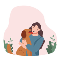 Young woman with cute dog portrait. Happy Pet and owner spending time together. vector illustration
