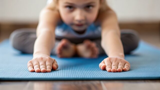 A child practicing yoga on a blue mat, stretching forward with hands extended, focusing on balance and mindfulness.