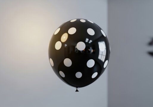 A glossy black balloon with a white polka dot pattern. Minimalist party decoration on a plain background with copy space.