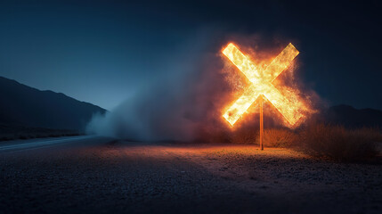 Work stress and burnout depicted with flaming road sign under night sky for dramatic impact