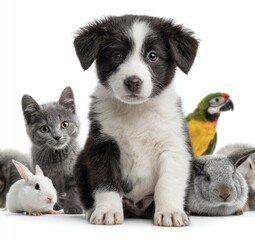 Obraz premium Cute pets group, dog, cat, birds, rabbit, on white