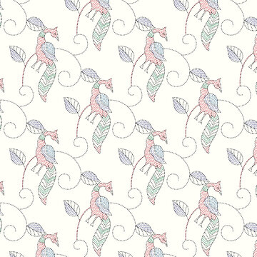 Seamless pattern with stylized birds and leaves in a dotted "running stitch" style. Inspired by traditional Indian Kantha embroidery. Multi-colored folk art design on a cream background