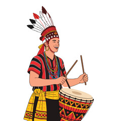Smiling Garo Man Playing Drum at Wangala Festival in India