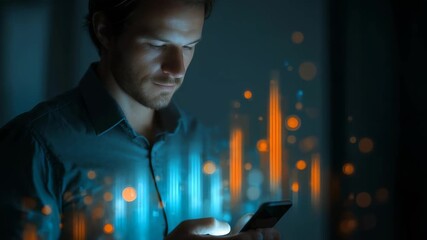 Focused on his phone, man is immersed in digital environment with vibrant data visualizations, abstract glowing elements. Scene highlights technology, analytics, digital transformation - Powered by Adobe