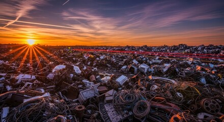 Dramatic sunset over a massive junkyard, highlighting environmental concerns and recycling efforts, with vibrant colors and striking light
