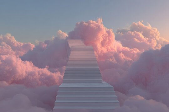 A surreal staircase rises endlessly into the clouds, symbolizing ambition and the pursuit of dreams.