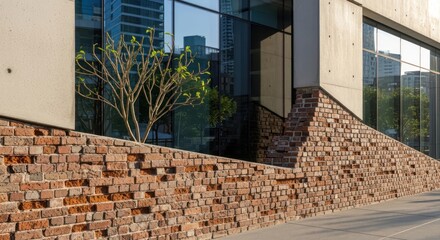 Modern architectural details with brick wall and glass facade reflect urban landscape, ideal for design concepts