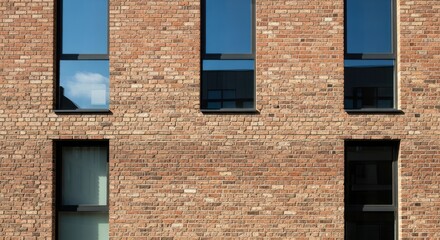 Modern brick facade with striking windows reflecting the sky, perfect for architecture, design, and real estate projects