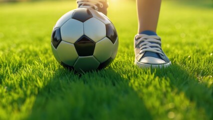 A close-up of a soccer ball on green grass with a person's foot wearing sneakers, illuminated by sunlight.