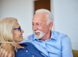 Portrait of a happy senior couple embracing talking at home