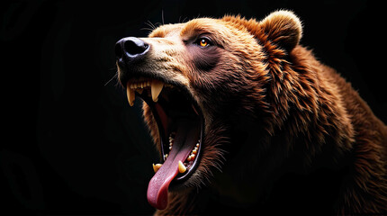 Close-up portrait of a wild brown bear with fur in nature, a grizzly mammal head and face