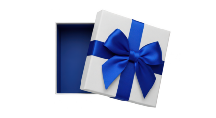 Open white gift box with blue ribbon isolated on transparent background