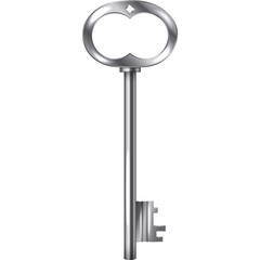 Antique silver key with ornate bow and detailed bit on a transparent background symbolizing access and security