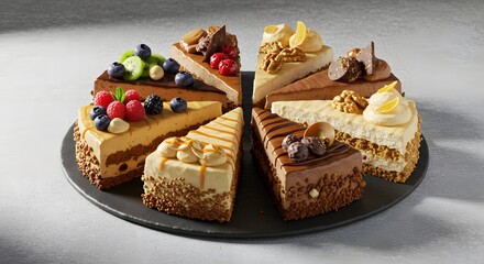 Assortment of Gourmet Cake Slices on Black Platter: Mixed Fruit, Chocolate, and Caramel Desserts