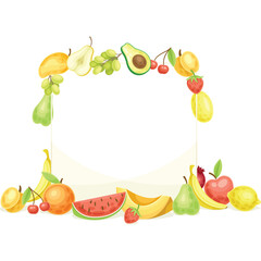 Assorted pixel art fruits create a decorative border with a transparent background ideal for graphic design and culinary themes