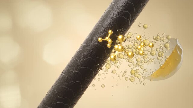 Nourish hair of shampoo or serum. Repair damaged hair concept, 3d animation.
