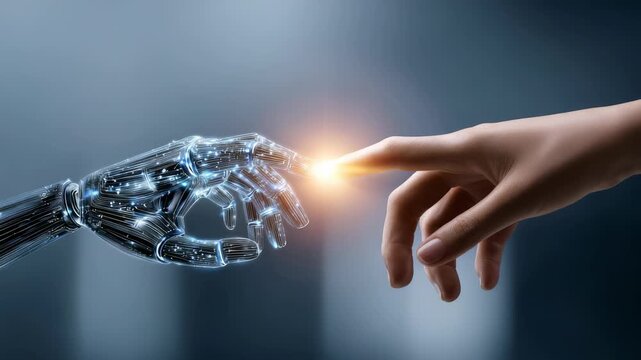 Captures glowing point where robotic finger, human finger almost meet, representing innovation, digital transformation. It highlights synergy between humans, advanced technology - Powered by Adobe