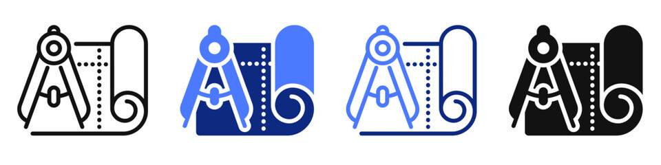 Vector icon or logo of blueprint and compass related to construction industry and real estate, architecture and house building. Symbol for website or app UI, logo design, illustration