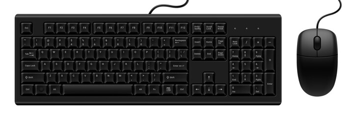 Classic black keyboard and mouse for desktop computer isolated on white background. Realistic mockup or template