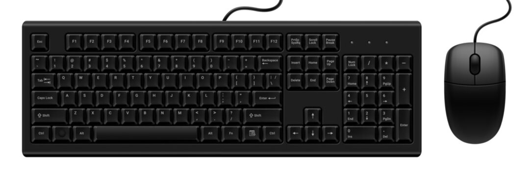 Classic black keyboard and mouse for desktop computer isolated on white background. Realistic mockup or template