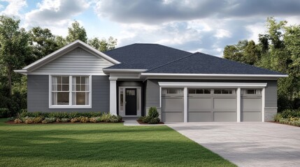 Elegant Gray Three-Car Garage House Exterior Design