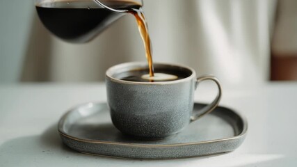 A close up view captures hot coffee being poured into a modern ceramic cup, highlighting the rich color and steam. The minimalist setup and gentle tones evoke comfort and relaxation