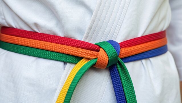 A colorful belt tied around a waist, symbolizing achievement and skill in martial arts or sports.