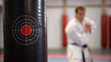 A martial artist practices in a dojo, focusing on a punching bag marked with a target, symbolizing precision and training.