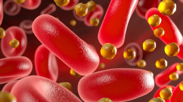 High-density lipoprotein (HDL) particles, blood cells containing good cholesterol, 3D animation.