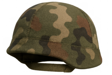 Military helmet with camouflage pattern, providing head protection for soldier and combat personnel, isolated with transparent background