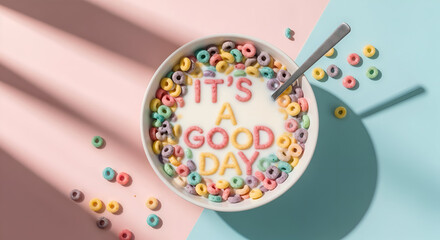 Colorful Breakfast Cereal Spelling "It's a Good Day" in Milk Bowl on Pastel Background, Healthy Morning Breakfast Food Concept, Positive Morning Motivation