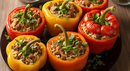 Stuffed bell peppers with rice and ground meat, fresh parsley garnish