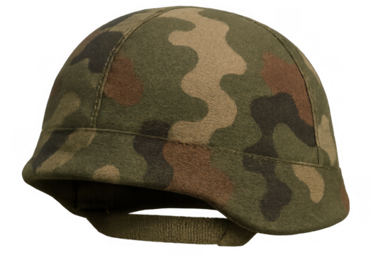 Military helmet with camouflage pattern, providing head protection for soldier and combat personnel, isolated with transparent background