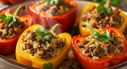 Stuffed bell peppers with rice and ground meat, fresh parsley garnish