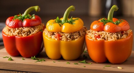 Stuffed bell peppers with rice and ground meat, fresh parsley garnish