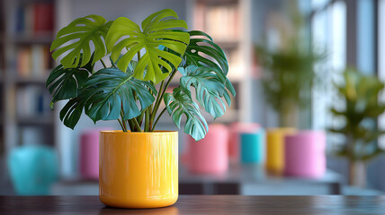 Workplace wellness concept with monstera plant in colorful pot adding energy and sustainable touch