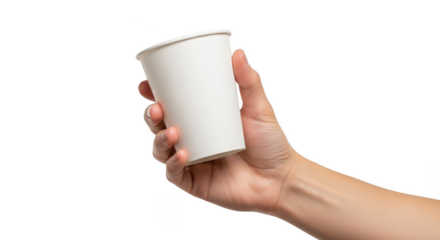 Hand holding a white paper cup isolated on transparent background