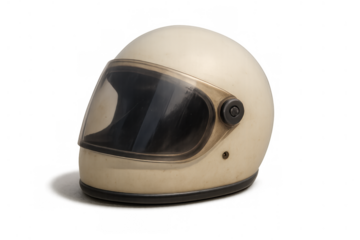Vintage off-white motorcycle helmet with dark visor, providing classic safety and protection for riders, transparent background