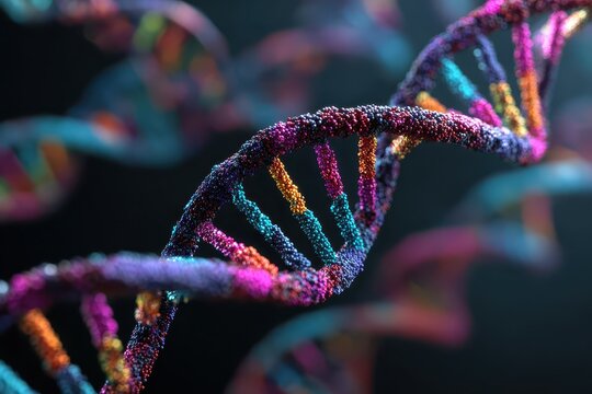 Colored genetic code DNA molecule structure showcases intricate design and vibrant hues in a close-up view of biological elements and inspirational science