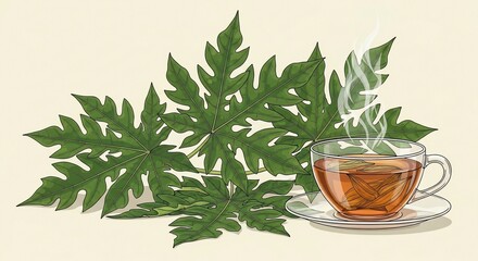 Illustration of fresh green papaya leaves next to a steaming cup of herbal tea, suggesting natural health remedies.