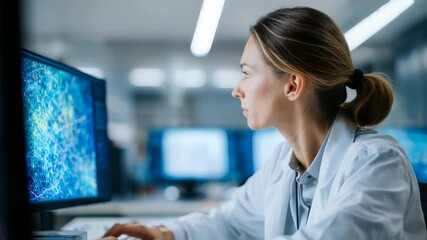 A professional woman in a white lab coat works intently at her desk, examining digital data visualizations. The laboratory environment highlights innovation and scientific progress - Powered by Adobe