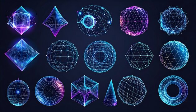 Abstract geometric shapes with glowing neon light effect.