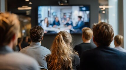 Several individuals sit facing a big screen, observing a corporate meeting or webinar in a contemporary office setting. The scene captures teamwork, learning, and digital collaboration - Powered by Adobe