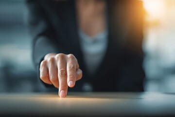 A businesswoman taps her finger on the desk, expressing impatience while waiting for an explanation.