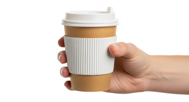 Hand holding a takeaway coffee cup with lid and sleeve isolated on transparent background